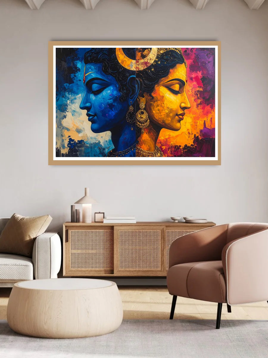Colorful abstract art piece on a wall in a modern living room.