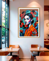 Colorful abstract art of a woman on a wall in a restaurant setting