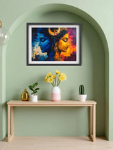 Colorful abstract art on a green wall above a wooden table with decorative items.