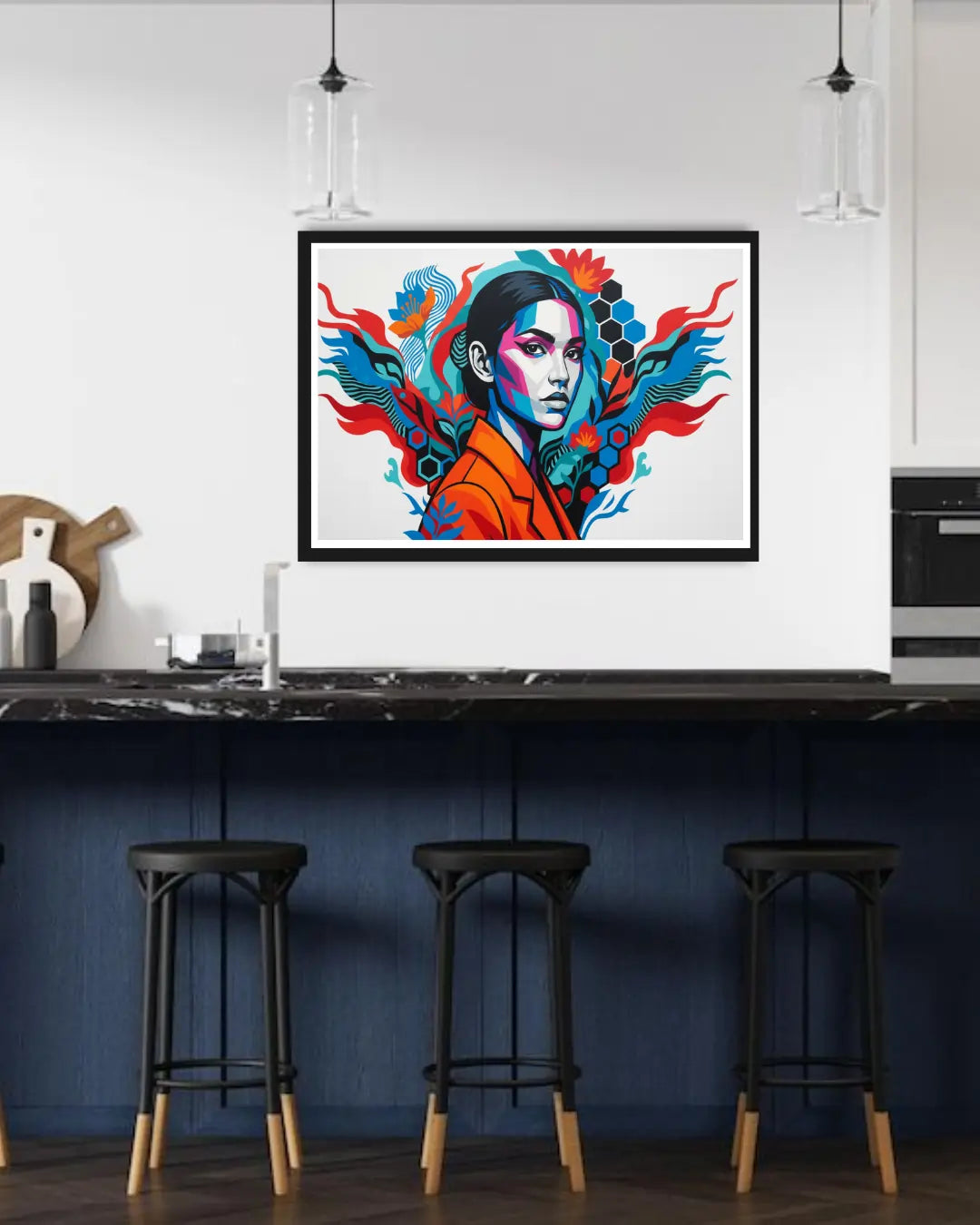 Colorful abstract art piece on a wall in a modern kitchen.