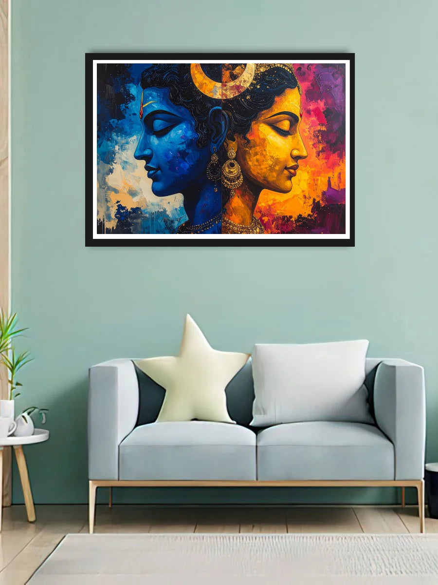 Colorful abstract art piece on a wall above a light blue sofa with white and gray cushions.