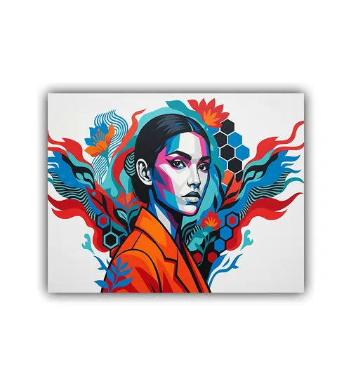 Colorful abstract artwork of a woman with geometric patterns on a white background