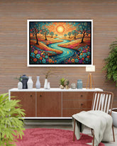 Colorful abstract landscape painting above a wooden console table with decorative items.