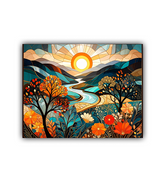Colorful abstract landscape painting with trees, flowers, and a sun.