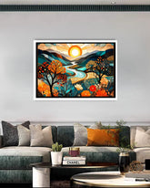 Colorful abstract landscape painting on a wall above a sofa in a living room.