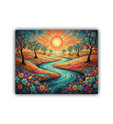 Colorful abstract landscape with trees, flowers, and a river on a white background