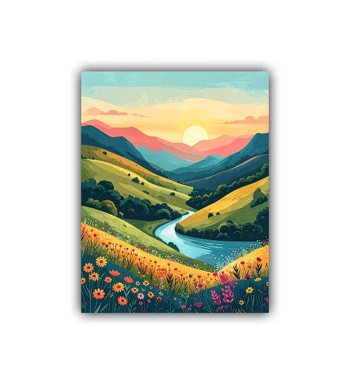 Colorful abstract mountain valley river canvas wall art