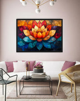 Colorful abstract lotus flower painting on a wall above a white sofa with pink cushions.