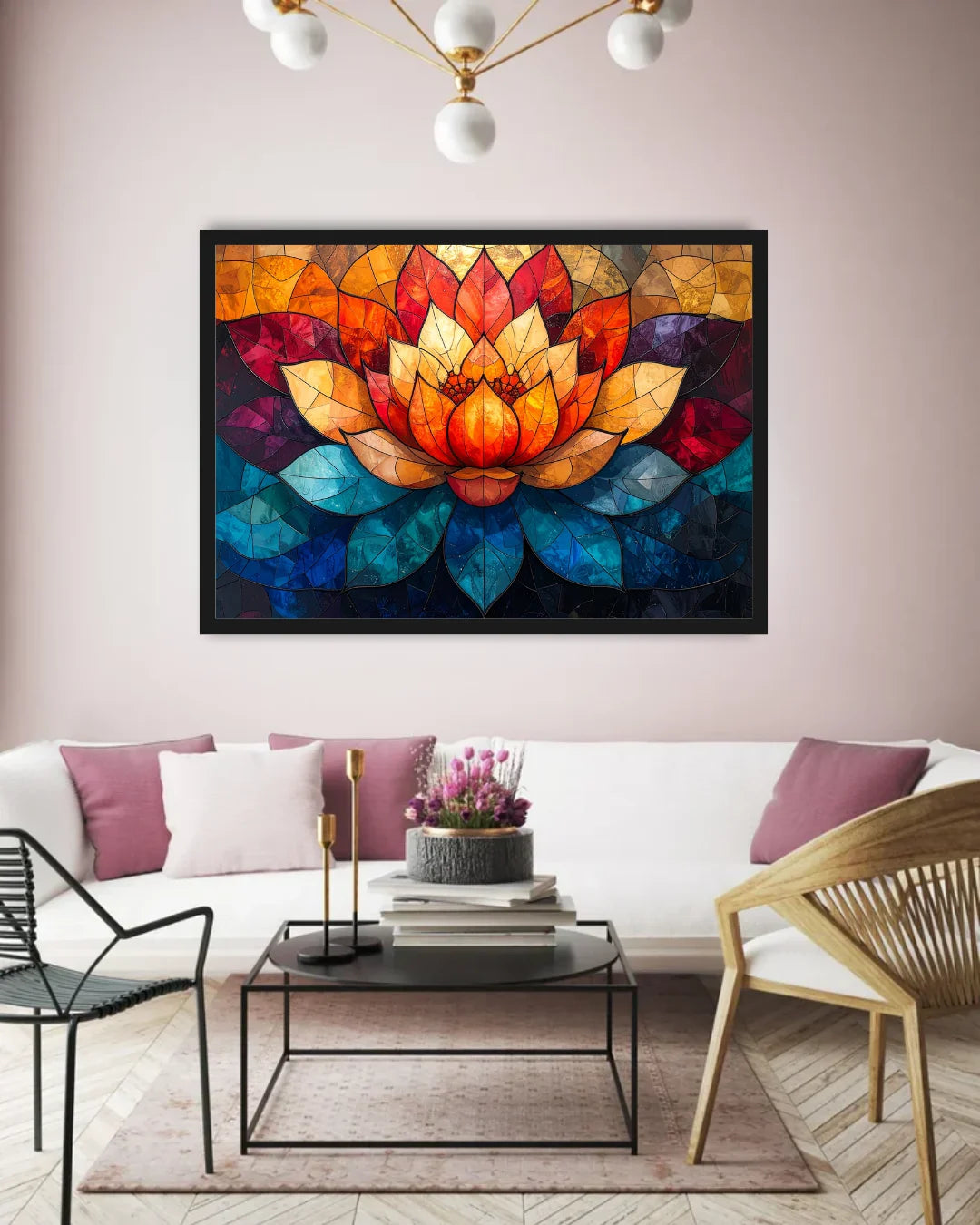 Colorful abstract lotus flower painting on a wall above a white sofa with pink cushions.