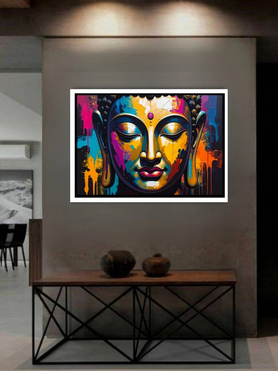 Colorful abstract painting of a Buddha face on a wall above a wooden bench.