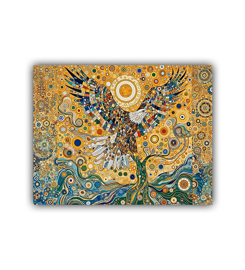Colorful abstract painting of an eagle with circular patterns on a white background