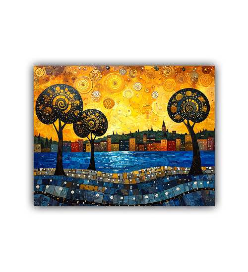 Colorful abstract painting of trees and a cityscape with a warm yellow sky.