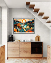 Colorful abstract painting on a wall above a wooden cabinet in a modern kitchen.