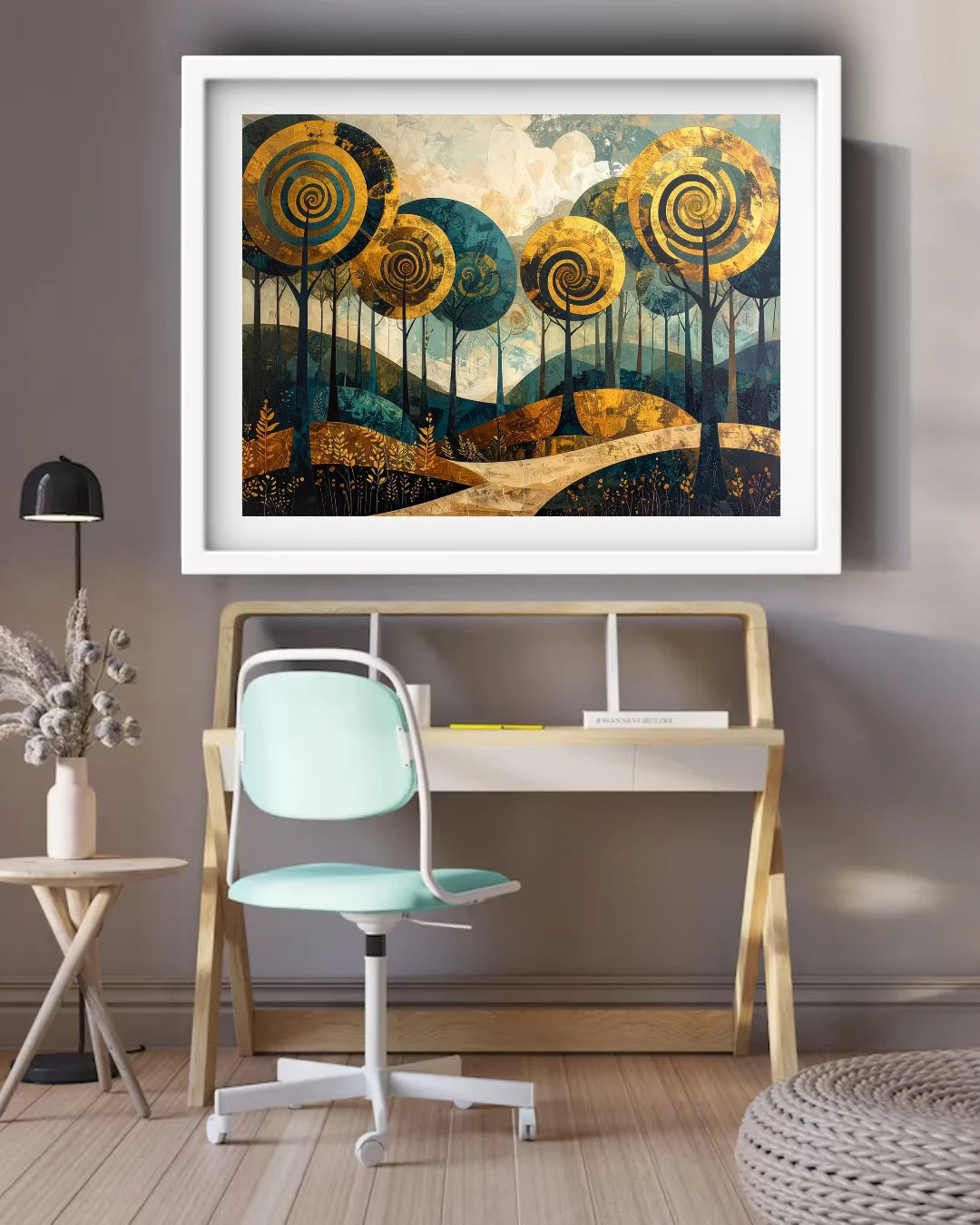 Colorful abstract spiral tree landscape canvas wall art