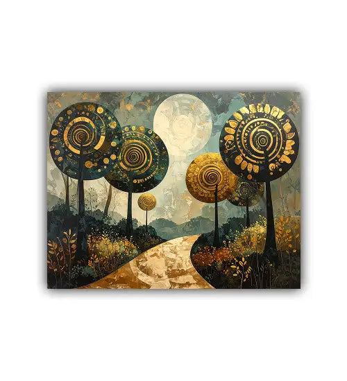 Colorful abstract spiral tree sun landscape canvas wall art