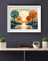 Colorful abstract twin tree reflection landscape canvas wall art