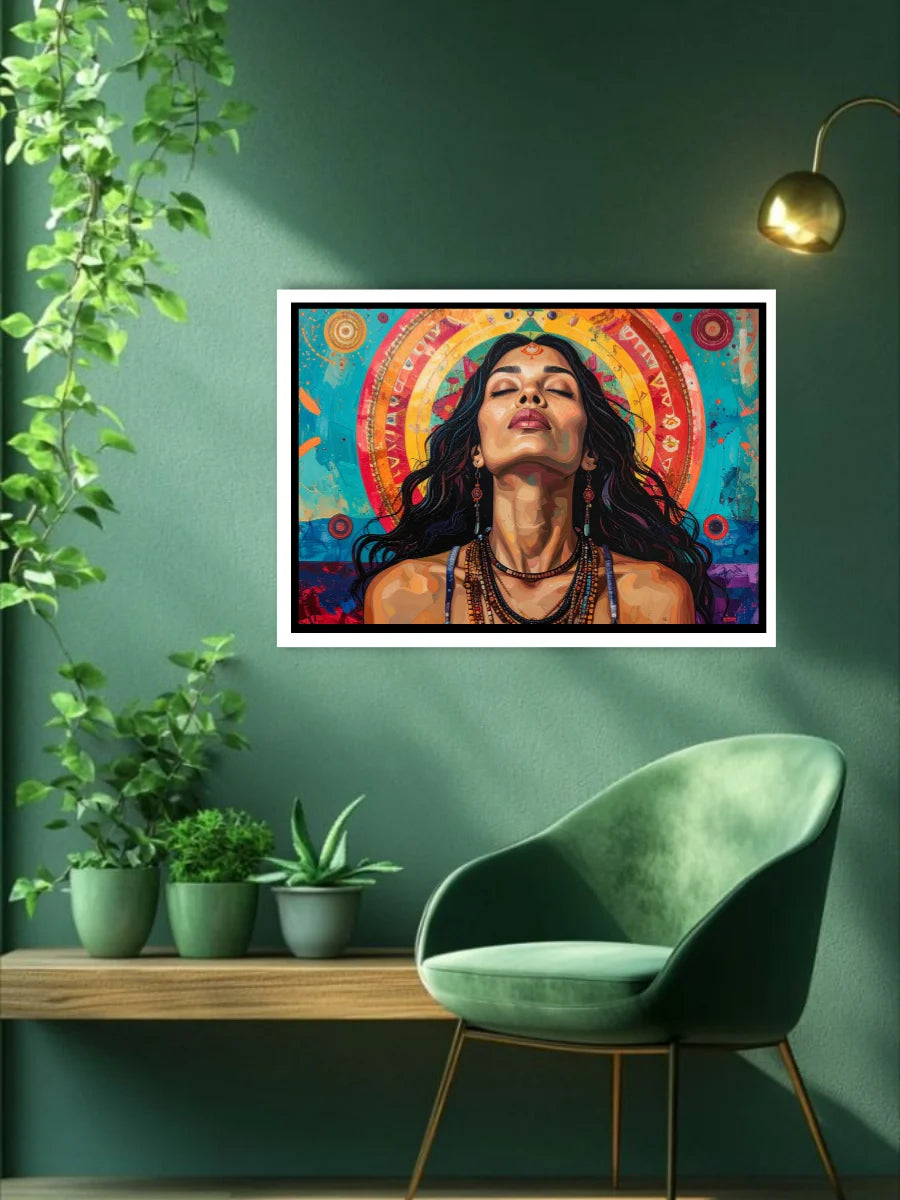 Colorful artwork of a woman with a colorful circular design above her head, displayed on a green wall with a green chair and plants below.