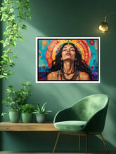 Colorful artwork of a woman with a colorful circular design above her head, displayed on a green wall with a green chair and plants below.