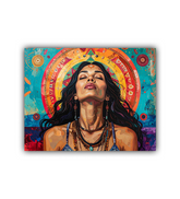 Colorful artwork of a woman with a vibrant circular design in the background