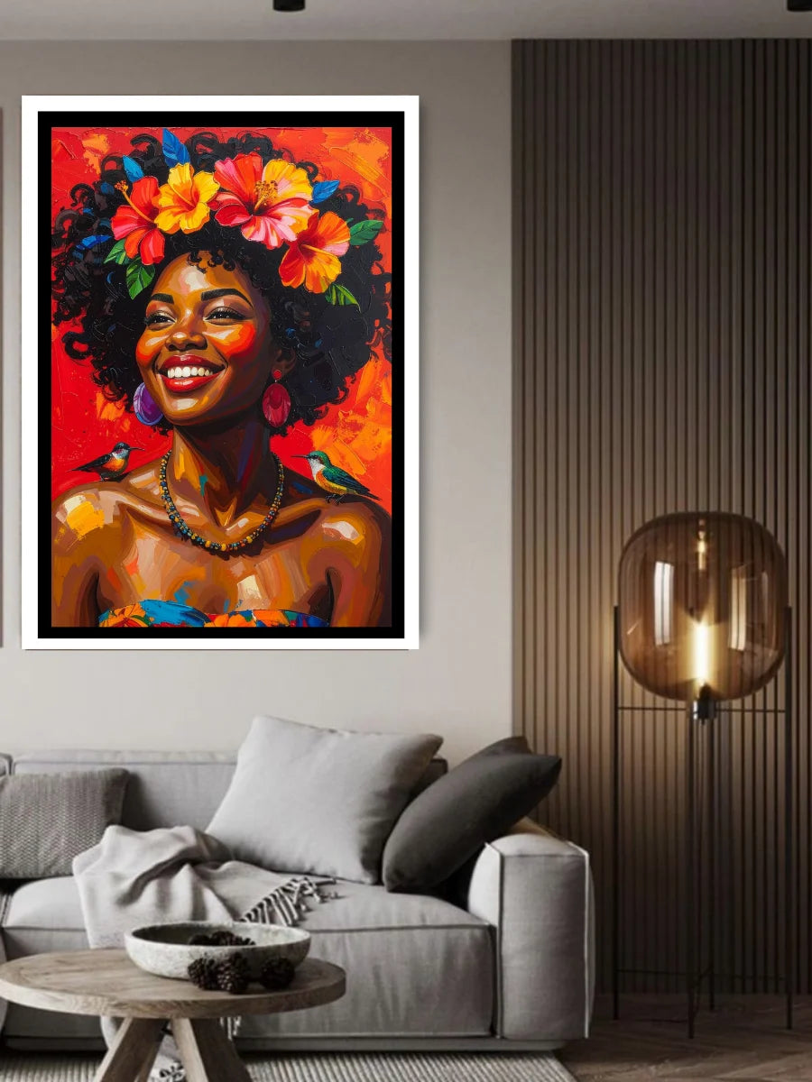 Colorful artwork of a woman with flowers in her hair on a wall in a living room.