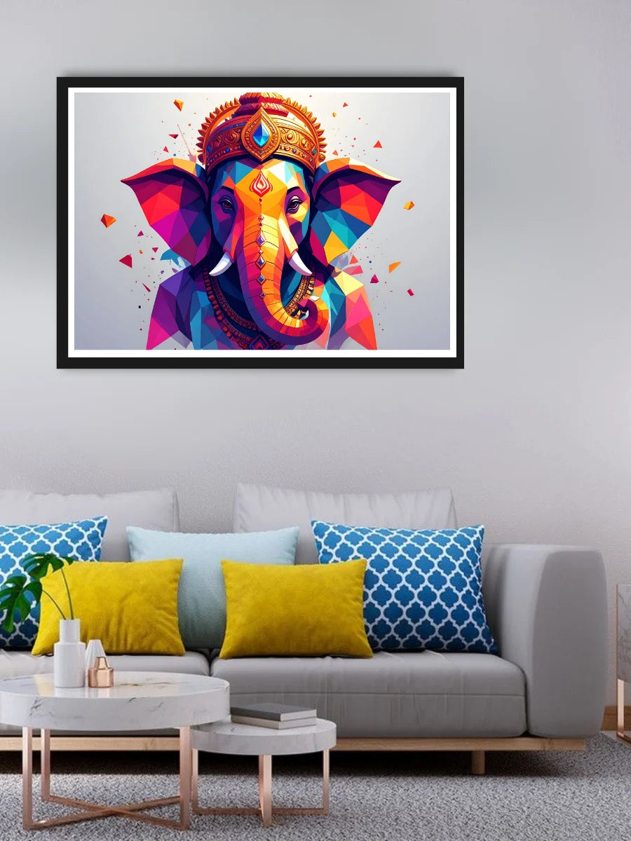 Colorful elephant artwork on a wall above a gray sofa with colorful cushions.