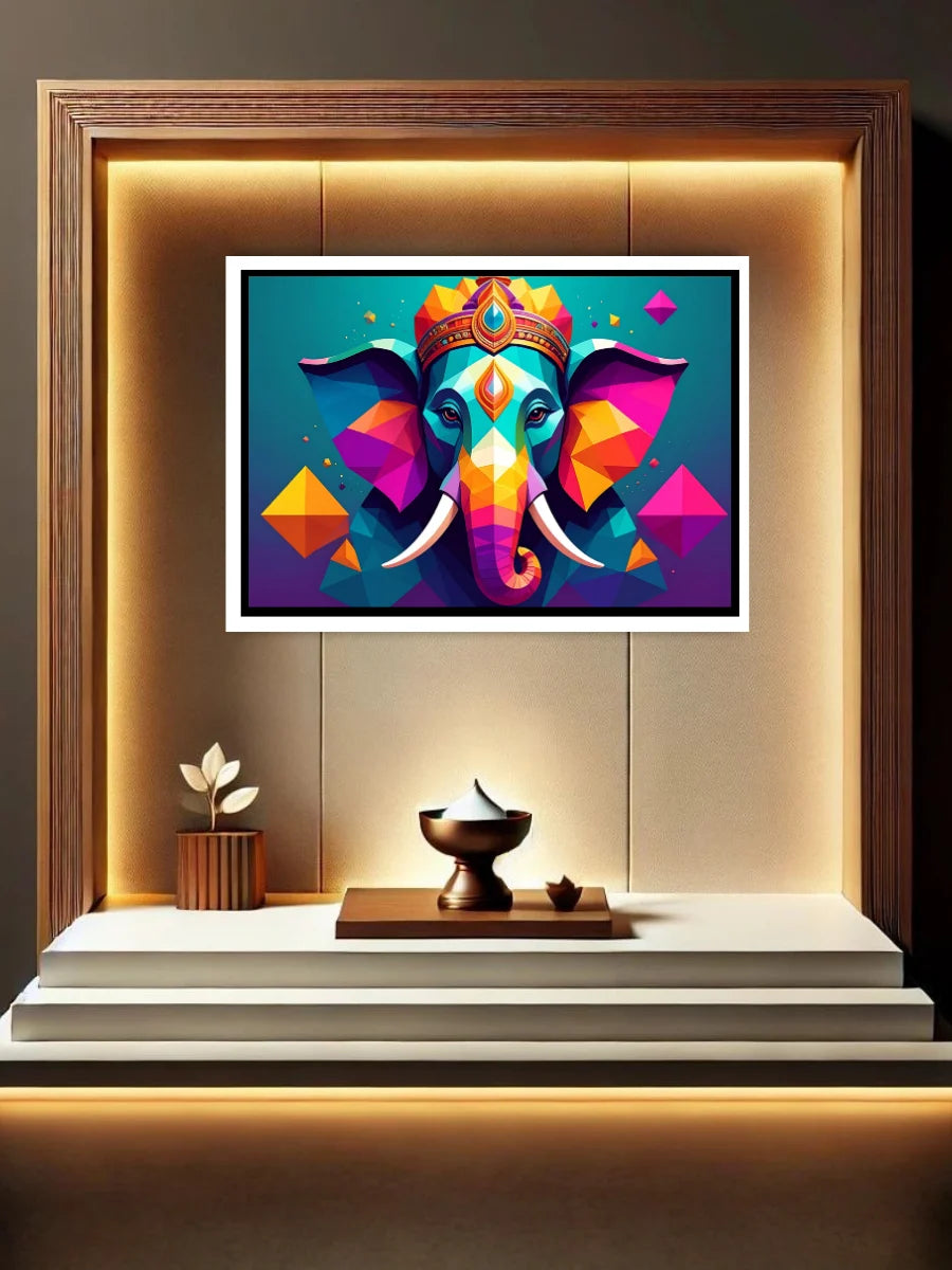 Colorful elephant artwork in a wooden frame on a wall with decorative elements below.