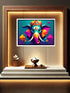 Colorful elephant artwork in a wooden frame on a wall with decorative elements below.