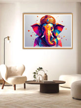 Colorful elephant artwork in a modern living room setting