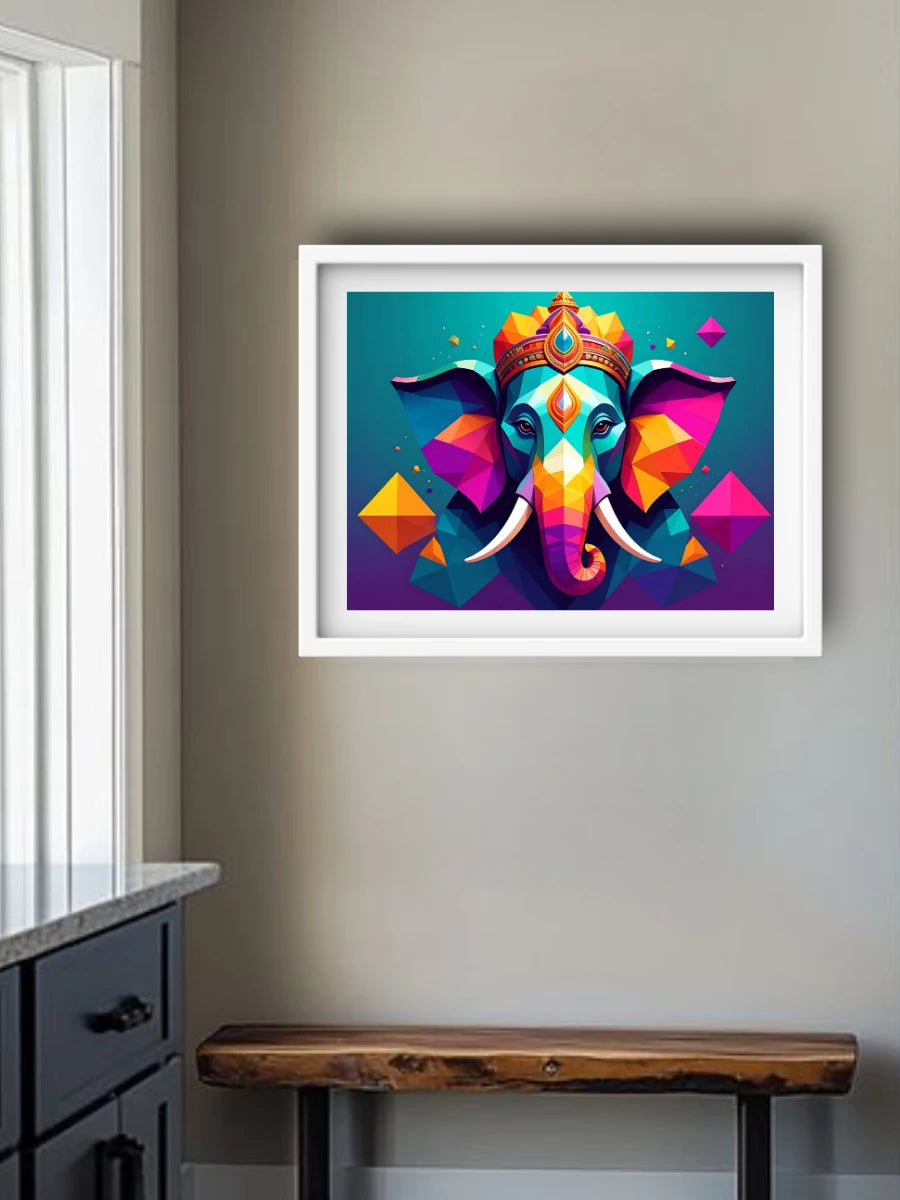 Colorful elephant artwork in a white frame on a wall above a wooden bench.