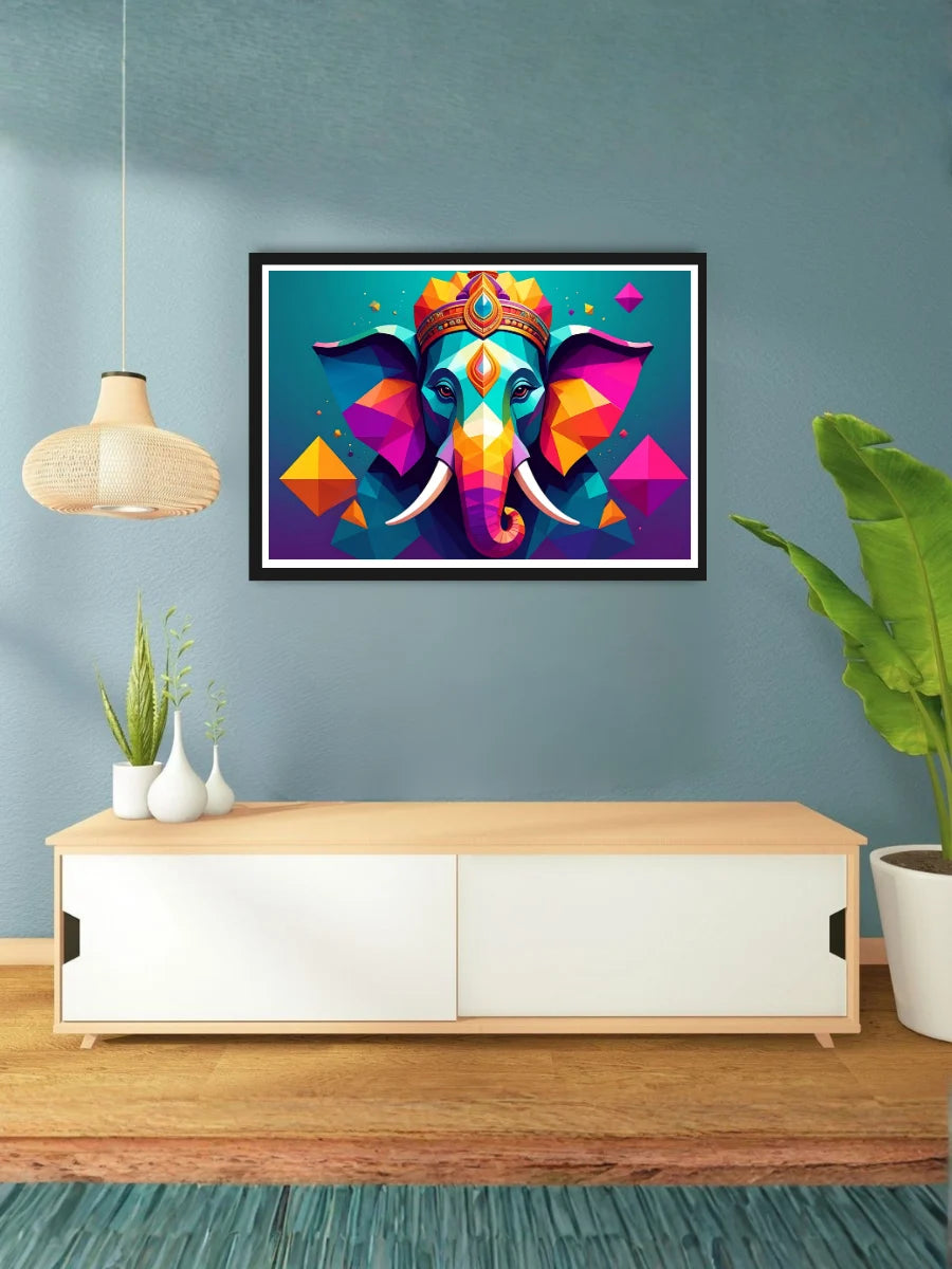 above a wooden cabinet with decorative elements.