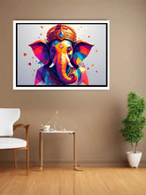 Colorful elephant artwork on a wall in a room with a chair, table, and plant.