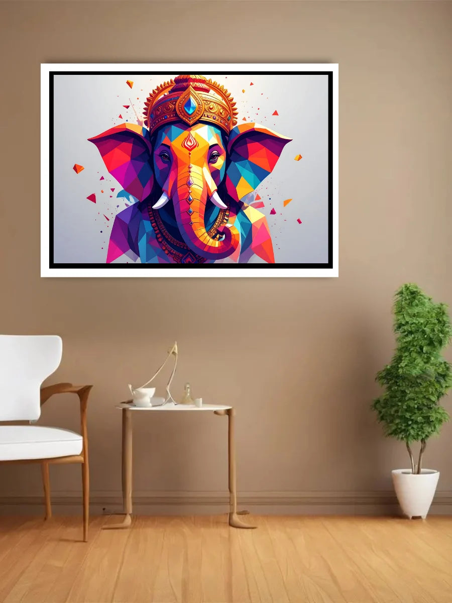 Colorful elephant artwork on a wall in a room with a chair, table, and plant.