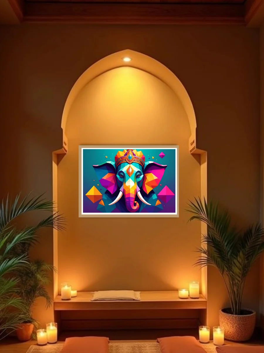 Colorful elephant artwork on a wall with candles and plants in a warm setting