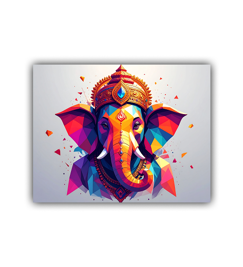 Colorful elephant illustration with geometric design on a white background