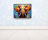 Colorful elephant painting on a light blue wall