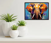 Colorful elephant painting on a wall above white planters with green plants.