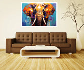 Living room with a brown sofa, white coffee table, and colorful elephant painting on the wall.