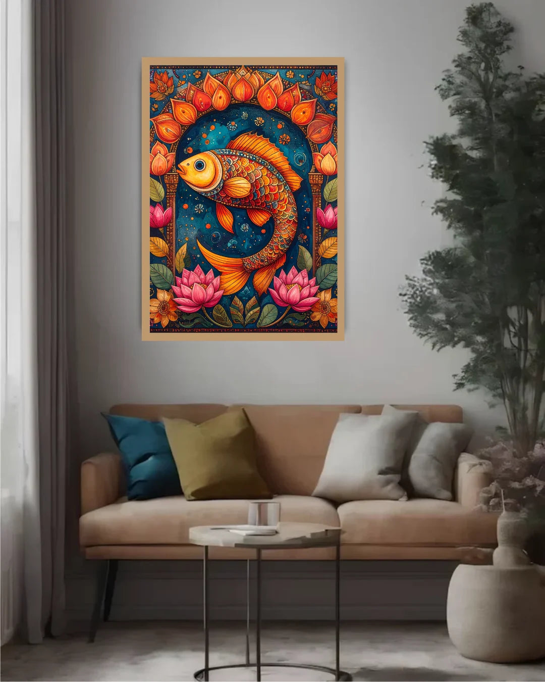 Colorful fish and lotus flower artwork on a wall above a beige sofa.