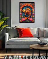 Colorful abstract painting on a wall above a gray sofa with red and gray cushions.