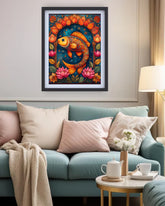 Colorful abstract painting on a wall above a light blue sofa with pink cushions.
