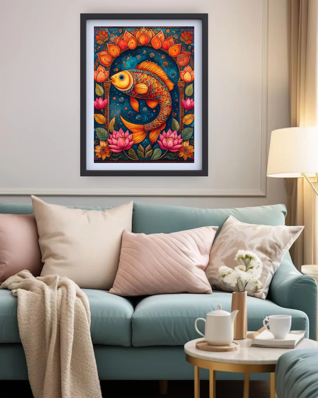 Colorful abstract painting on a wall above a light blue sofa with pink cushions.