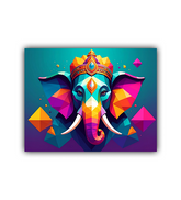 Colorful geometric elephant illustration on a blue background