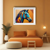 Colorful horse painting on an orange wall above a bed with orange bedding.