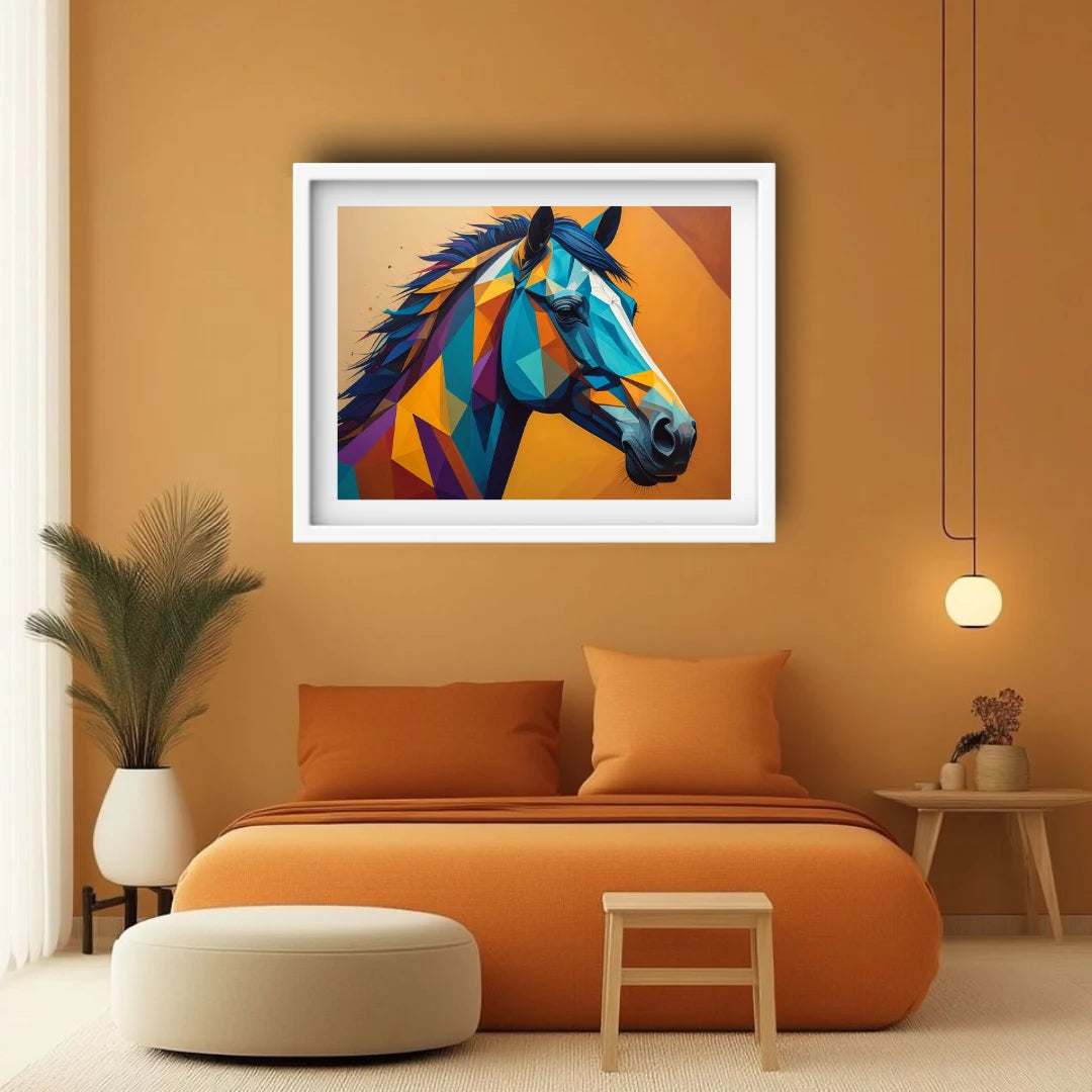 Colorful horse painting on an orange wall above a bed with orange bedding.