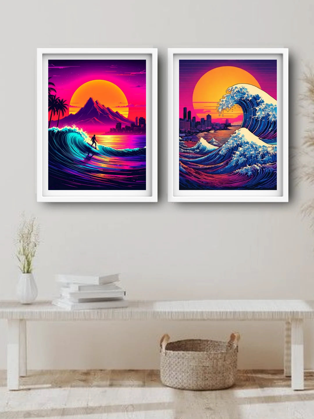 Colorful neon wave canvas wall art set of 2