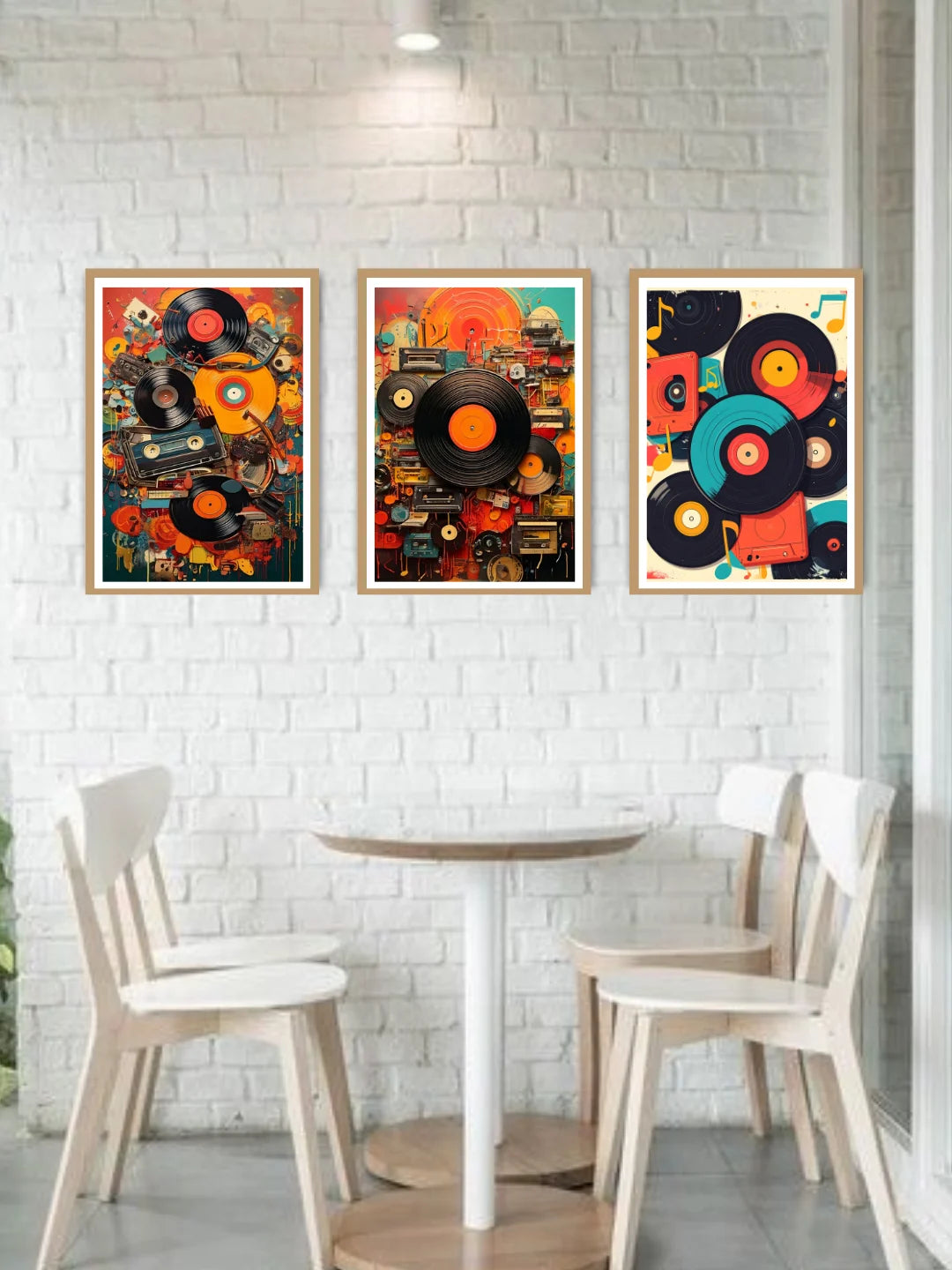 Colorful vinyl record canvas wall art three panel set