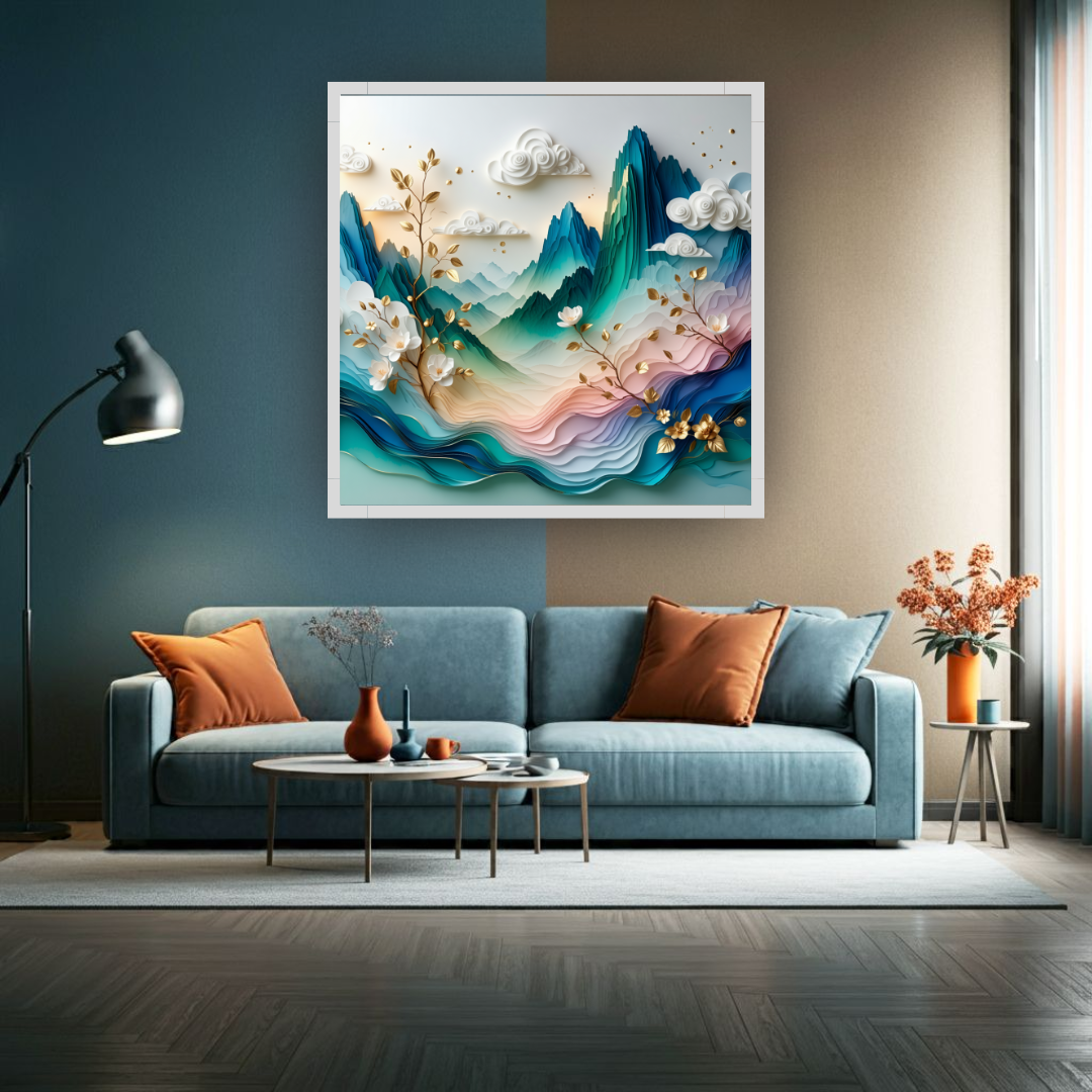 Abstract mountain wall art placed above a sofa in a contemporary living room setup.