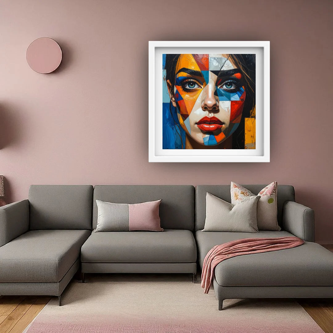 Contemporary abstract face wall art displayed above a sofa in a modern living room.