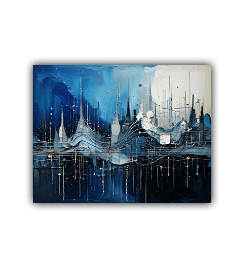 Blue cityscape wall art framed in a clean modern bedroom with soft lighting.