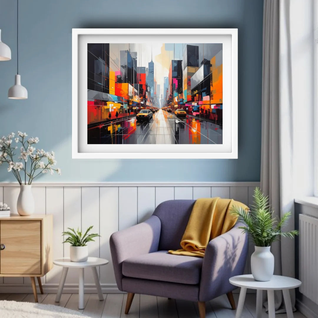 Abstract city canvas painting framed in a stylish room with soft neutral furnishings.